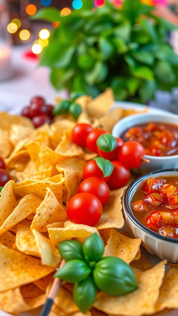 A variety of quick and easy 3-ingredient appetizers including tortilla chips, cherry tomato skewers, and a bowl of salsa.